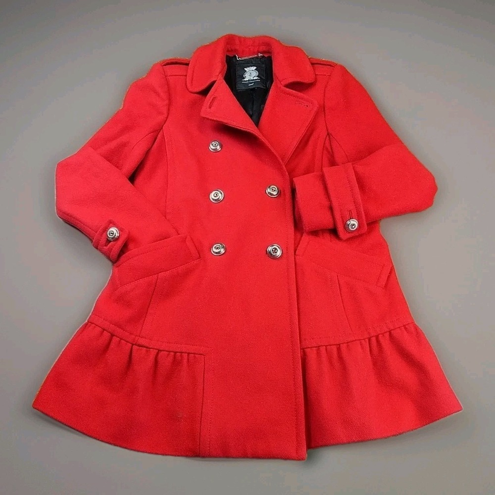 Juicy Couture Coat Size Small Red Italian Wool Jacket Ruffle Trim Pea Coat